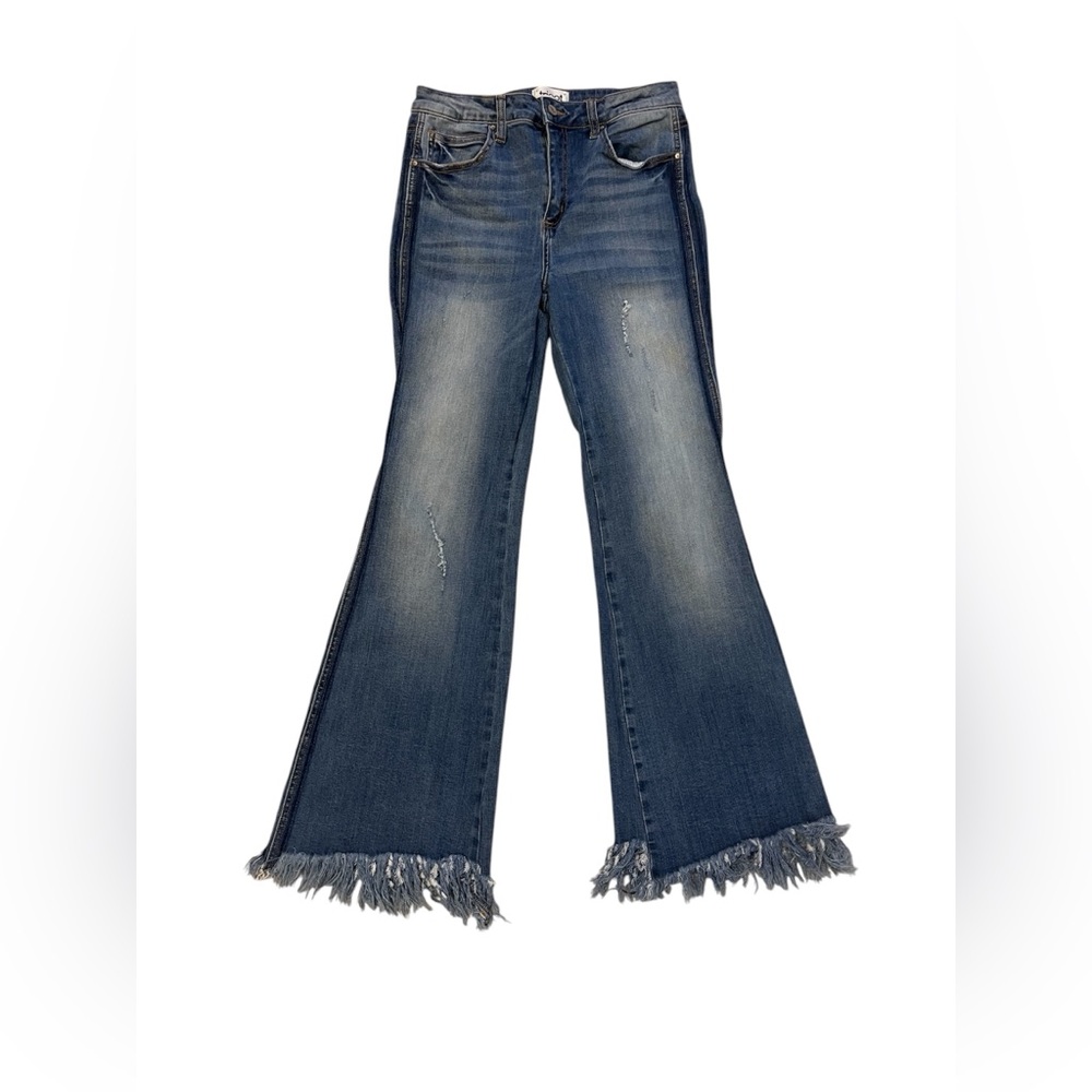 Vintage Blue Wide Leg Flare Jeans with Raw Hem